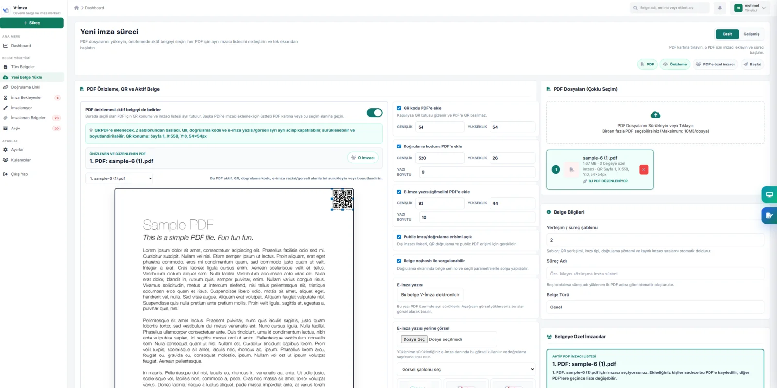 V-İmza yeni imza sürecinde PDF alanı ve doğrulama yerleşimi